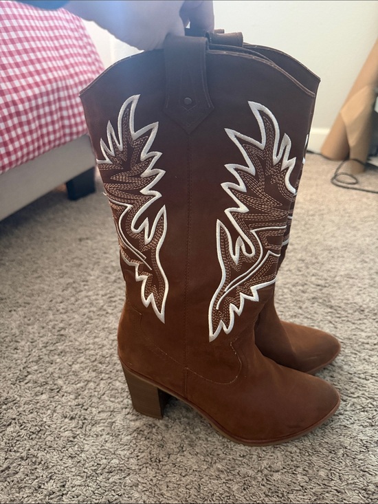 MIA Shoes - MIA Brown Suede Western Embroidered Mid-Calf Heeled Boots